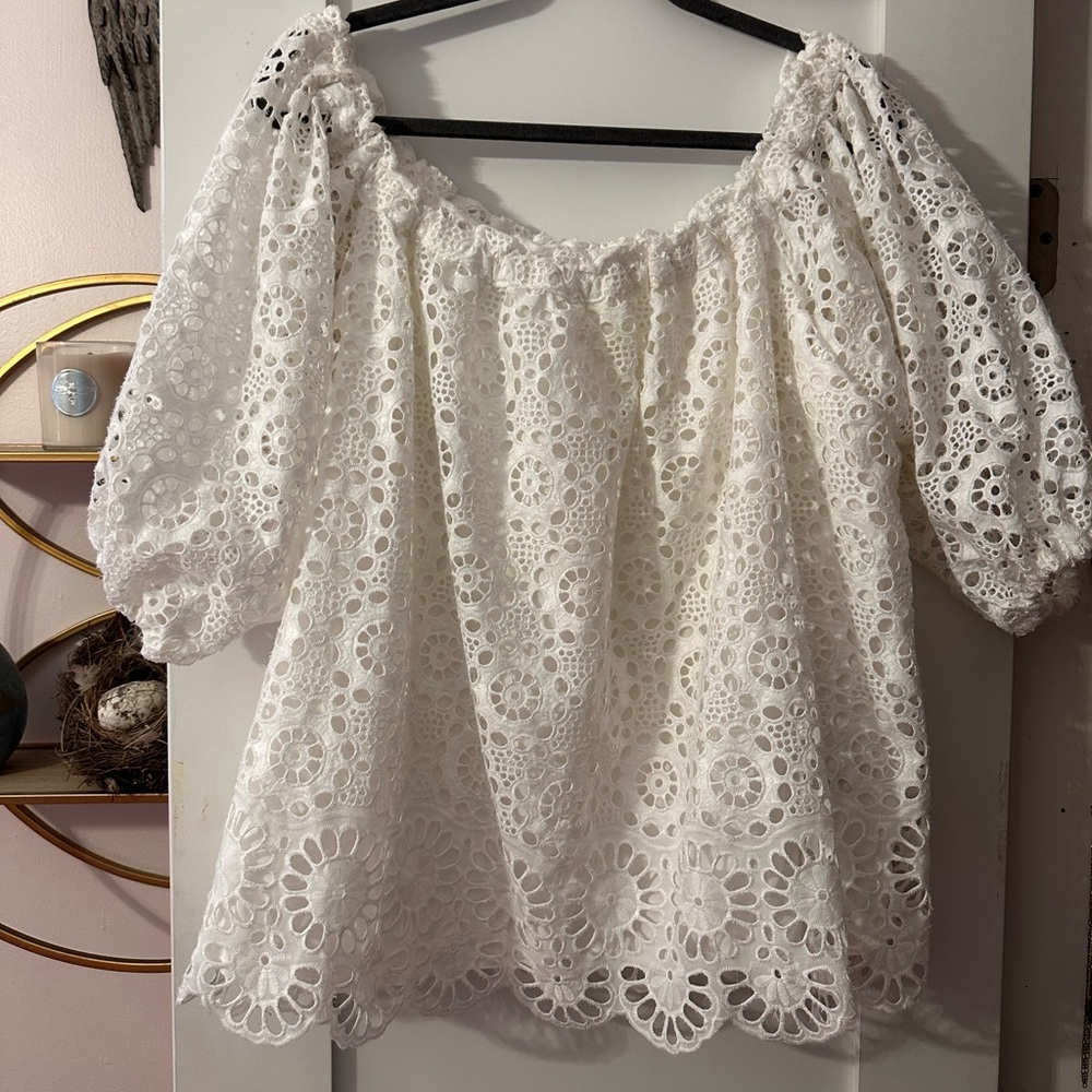 Anthropologie White Ruffled Puff Sleeve Blouse